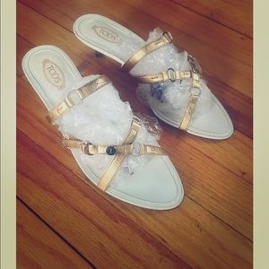 Tod’s Gold strappy kitten heels